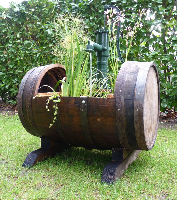 Oak Whiskey Barrel Lying Down with Cast Iron Pump