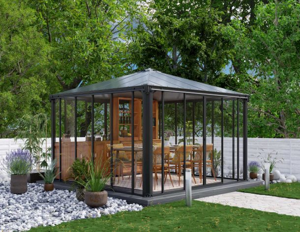 Enclosed Gazebo Kit -Ledro 12 ft. x. 12 ft. Grey Structure & Hybrid Panels