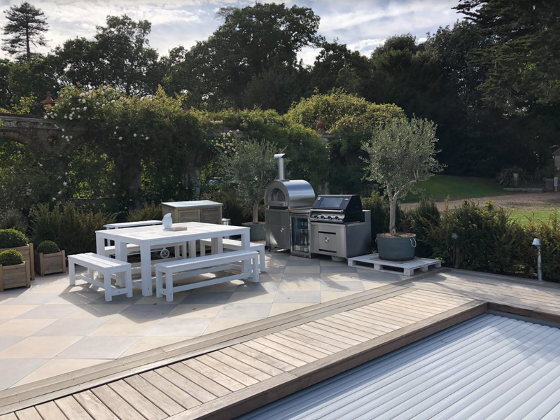 Beefeater 1200E Built-In 4 Burner Gas BBQ Outdoor Kitchen, Piccolo Pizza Oven and Fridge