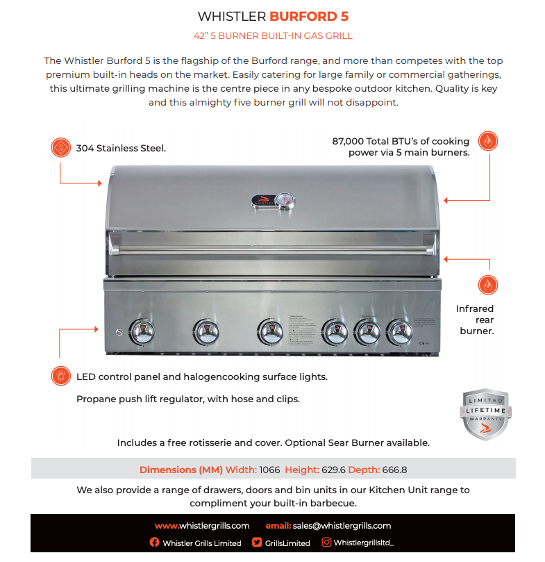 Whistler Burford 5 Burner Barbecue with Rotisserie and Weather Cover