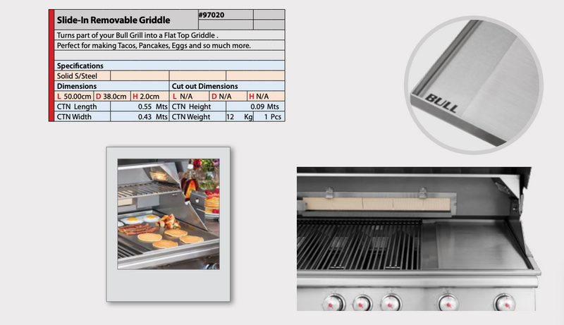 Bull Removable Grill Griddle (Drops in Grill Replacing 2 Grates)