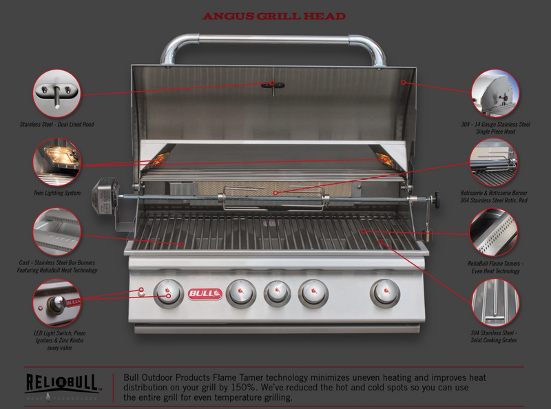 Bull Angus Built-in 4 Burner Gas BBQ Grill - Stainless Steel