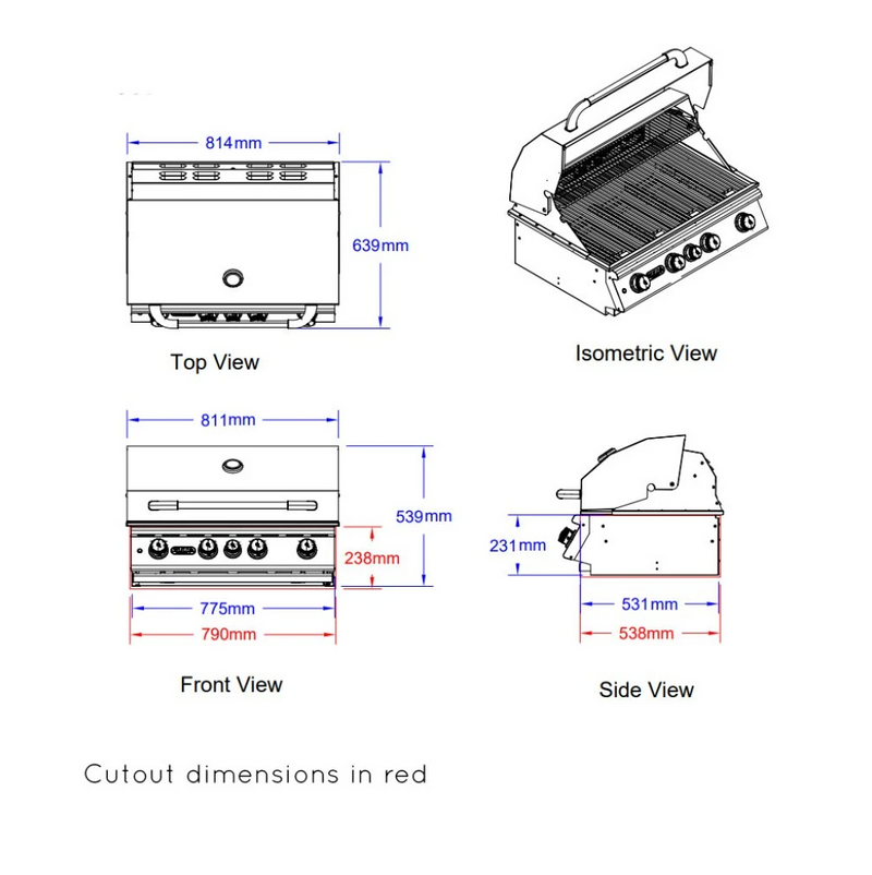 Bull Angus Built-in 4 Burner Gas BBQ Grill - Stainless Steel