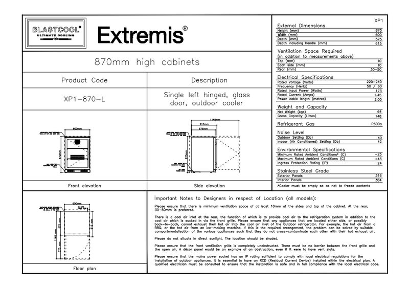 Blastcool Single Outdoor Fridge with Glass Door 84cm