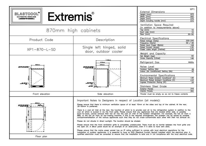 Blastcool Single Outdoor Fridge with Solid Door 84cm
