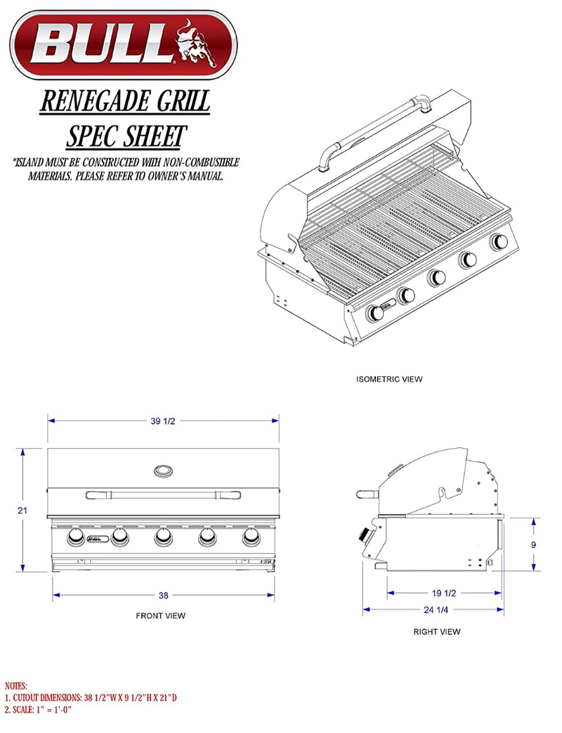 Bull Renegade Built-in 5 Burner Gas BBQ Grill - Stainless Steel