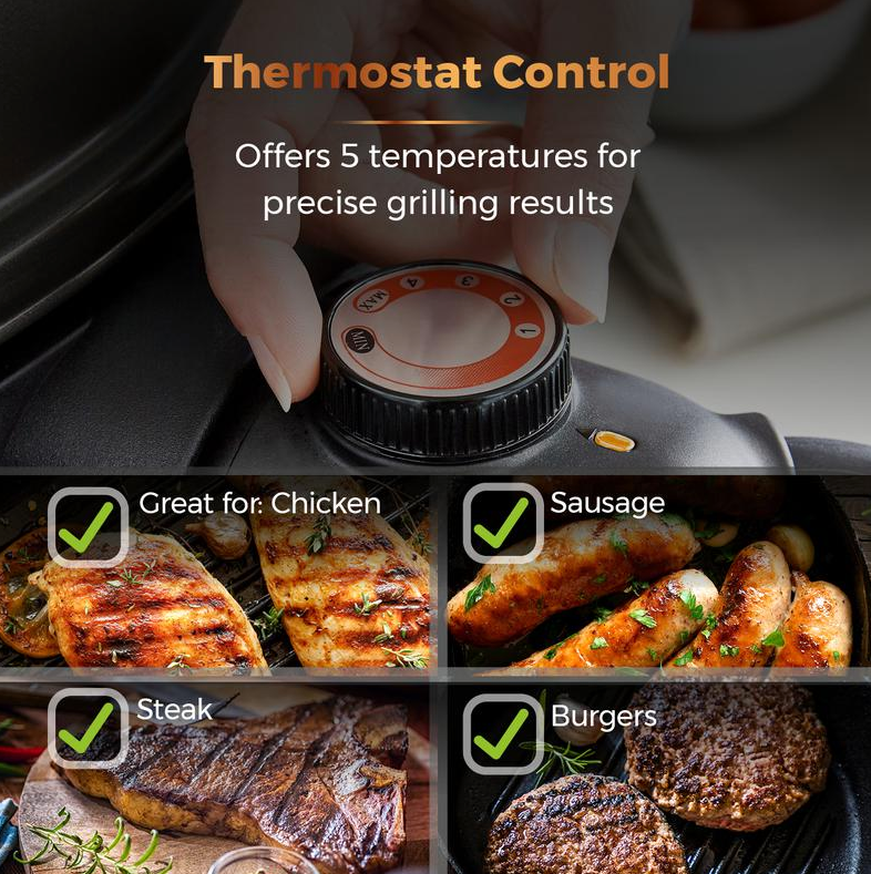 XL Indoor Outdoor Electric BBQ Grill and Griddle with Wings and Thermometer Black