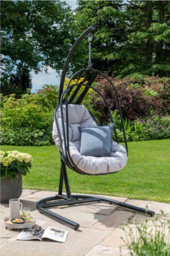 Folding Basket Swing w/ Black Steel Frame & Cushions - Grey