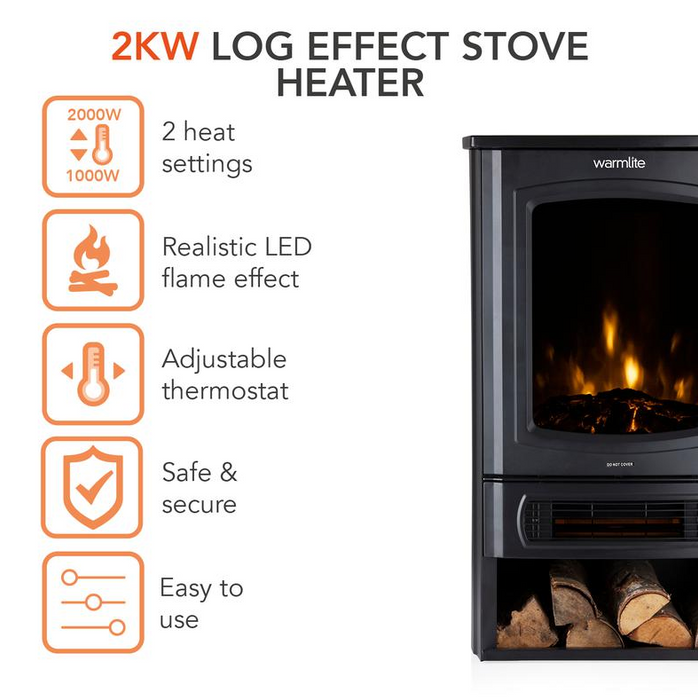 Ambleside Log Effect Stove Heater Black 2KW