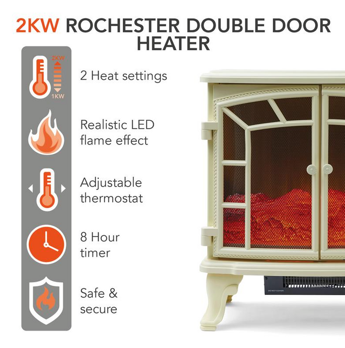 Rochester Electric Double Door Fireplace Heater Cream 2KW