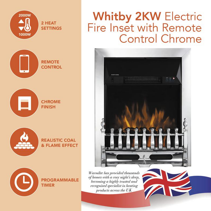 Whitby 2KW Electric Fire Inset with Remote Control Chrome