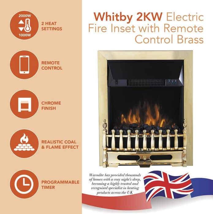 Whitby 2KW Electric Fire Inset with Remote Control Brass