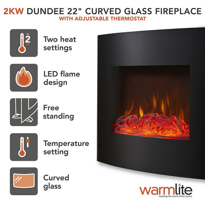 Curved Glass Wall Mounted Fireplace with Weekly Timer 22 Inch