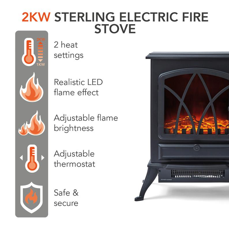 Stirling Electric Fire Stove 2KW Black