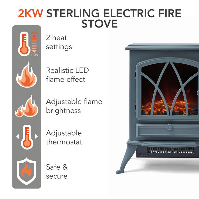 Stirling Electric Fire Stove 2KW Grey