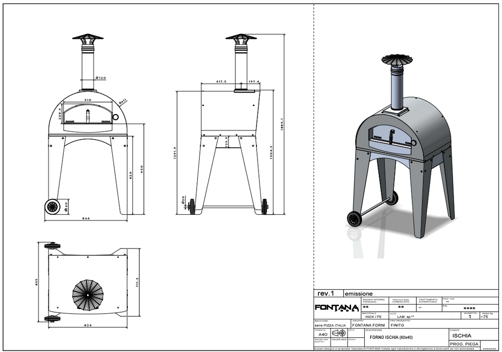 Fontana Ischia Wood Pizza Oven with Trolley
