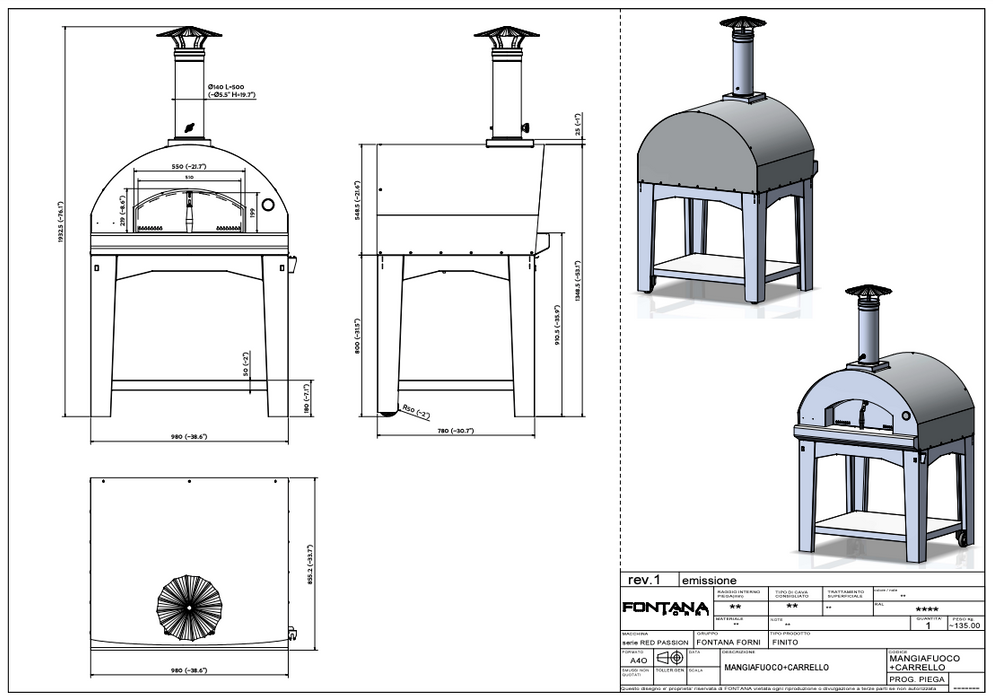 Fontana Mangiafuoco Anthracite Gas Pizza Oven Including Trolley
