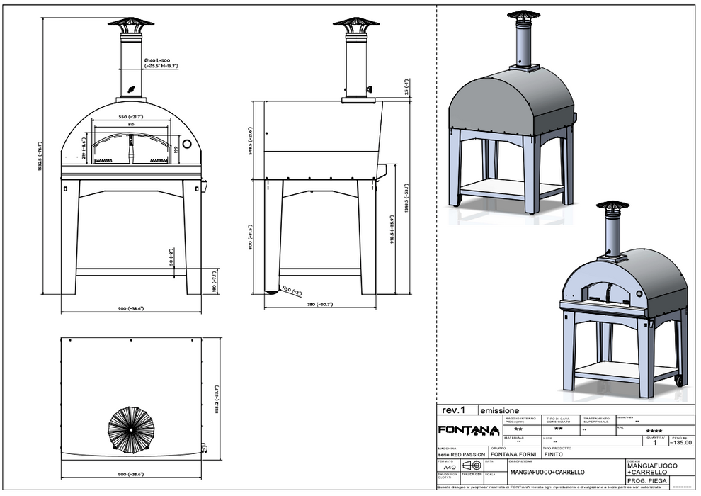Fontana Mangiafuoco Stainless Steel Gas Pizza Oven Including Trolley