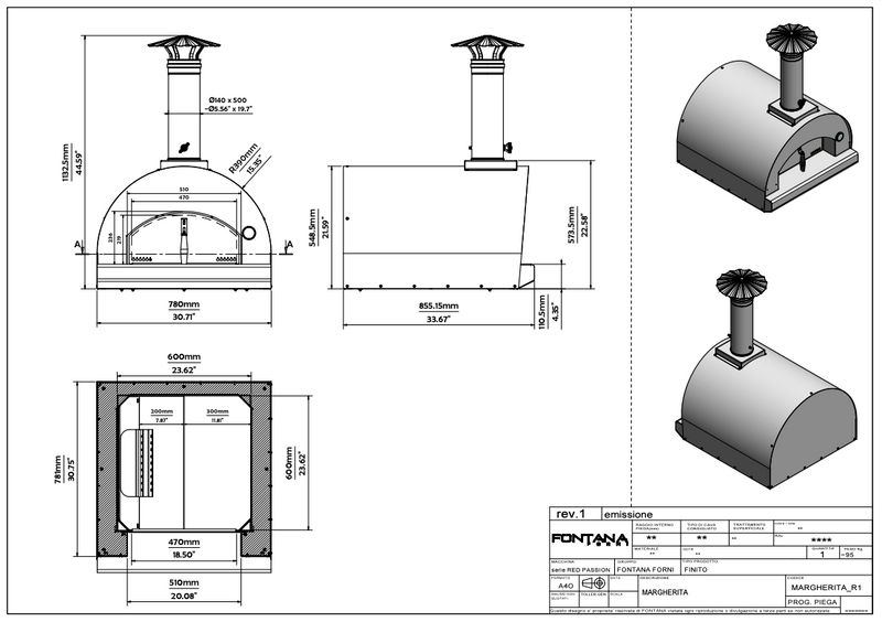 Fontana Margherita Build In Hybrid Gas and Wood Pizza Oven - Rosso