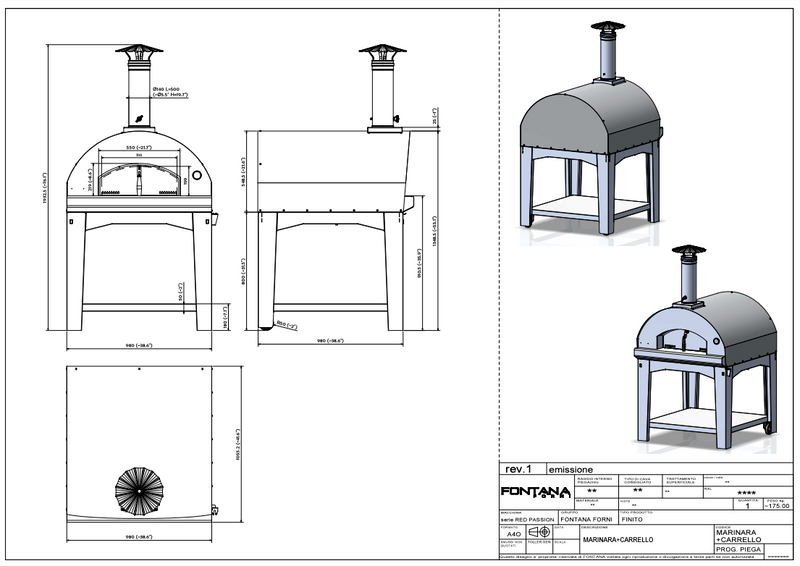 Fontana Marinara Wood Pizza Oven Including Trolley - Rosso