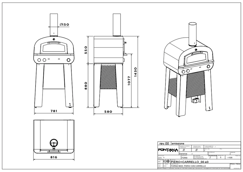 Fontana Piero Hybrid Gas and Wood Pizza Oven Including Trolley