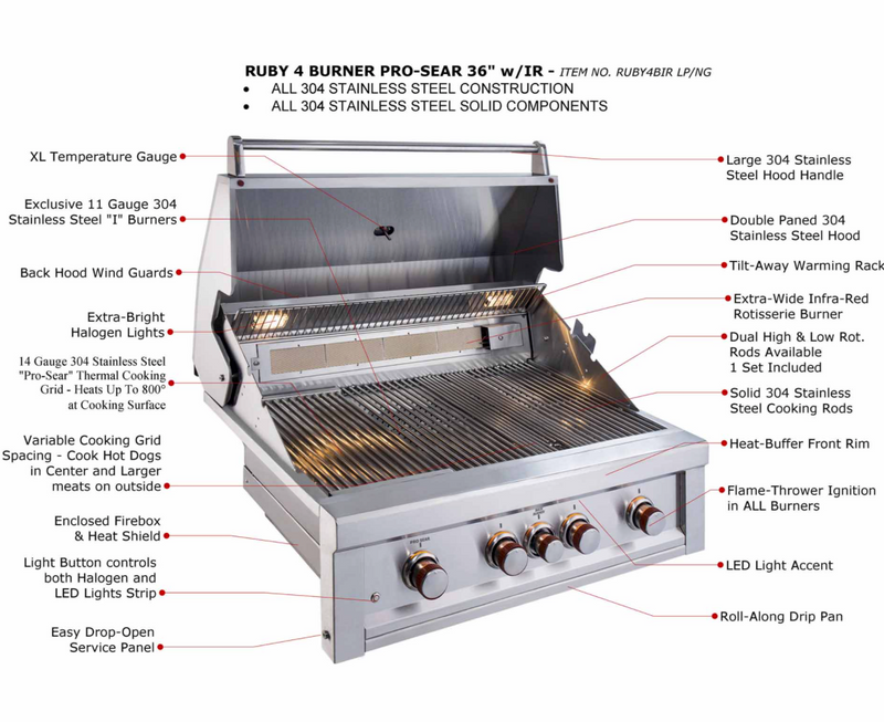 Sunstone Ruby Series 4 Burner Gas Grill with Infrared Rear Burner, Rotisserie Kit, and Cover