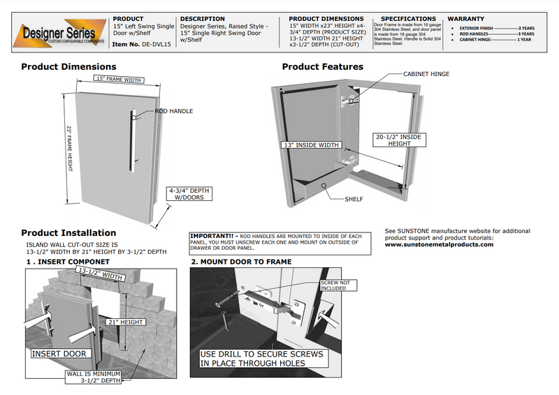 Sunstone Designer Series Left Swing Door