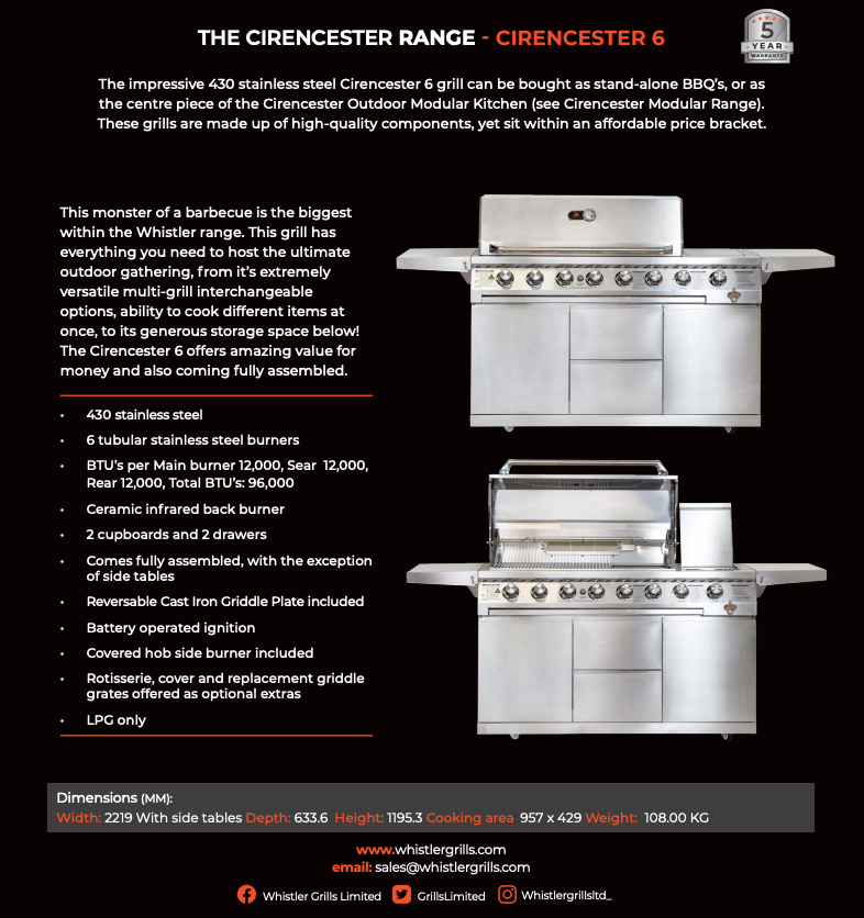 Whistler Cirencester 6 Burner Barbecue with Side Burner + Rotisserie + Cover
