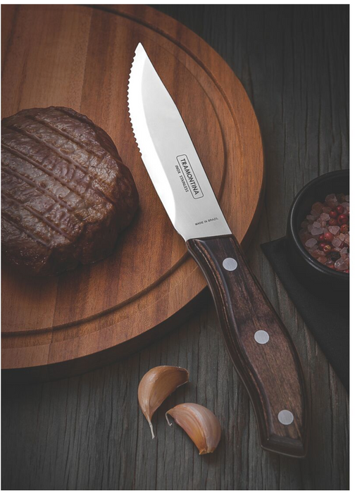Tramontina Rio Grande stainless steel steak knife set with brown Polywood handles and wood case, 4pc set