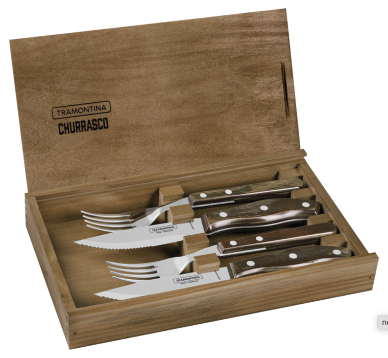 Tramontina stainless steel barbecue flatware set with brown Polywood handles and wood case, 4pc set