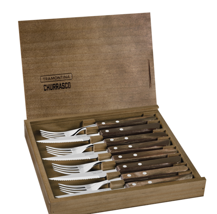 Tramontina stainless steel flatware set with brown Polywood handle and wooden case, 8pc set