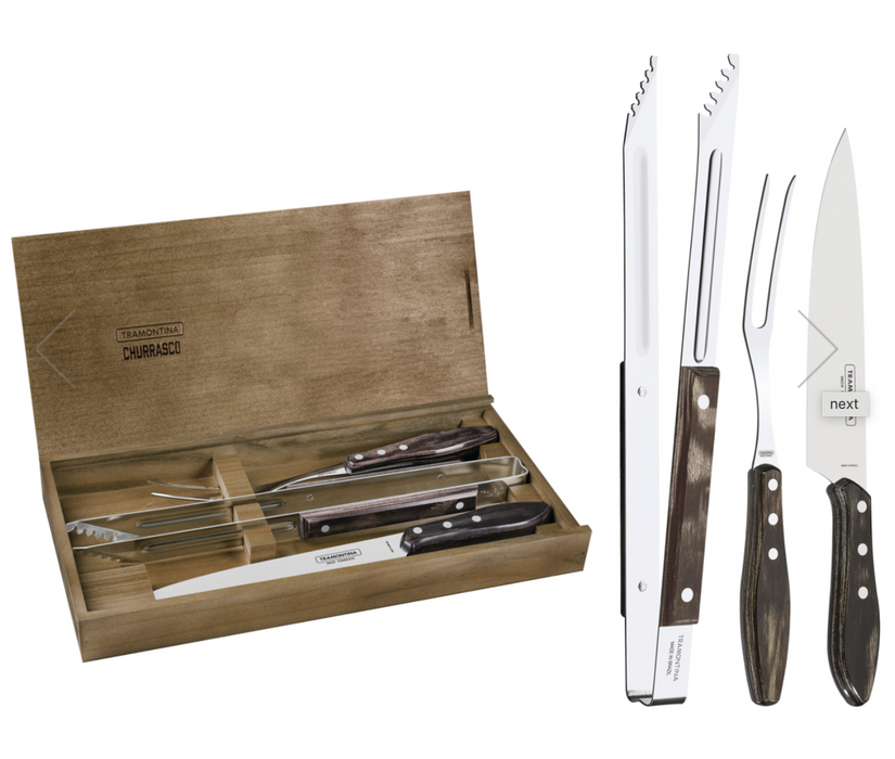Tramontina stainless steel barbecue set with brown Polywood handles and wood case, 3pc set