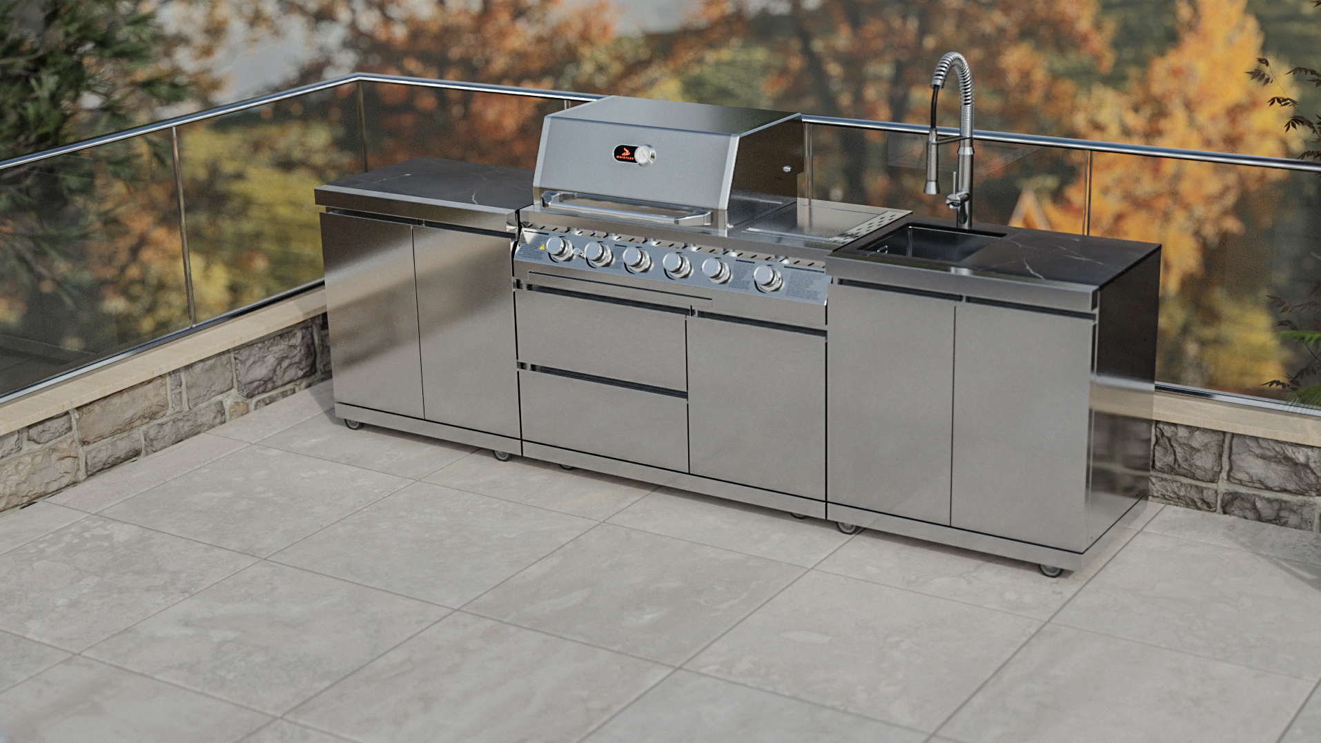 Whistler Cirencester Outdoor Kitchen 4 Burner BBQ, Double Doors and Sink