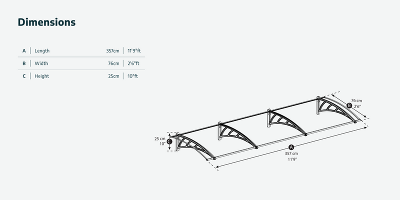 Neo 2 ft. x 12 ft. Door Awning Kit - Grey Structure & Twin Wall Panels
