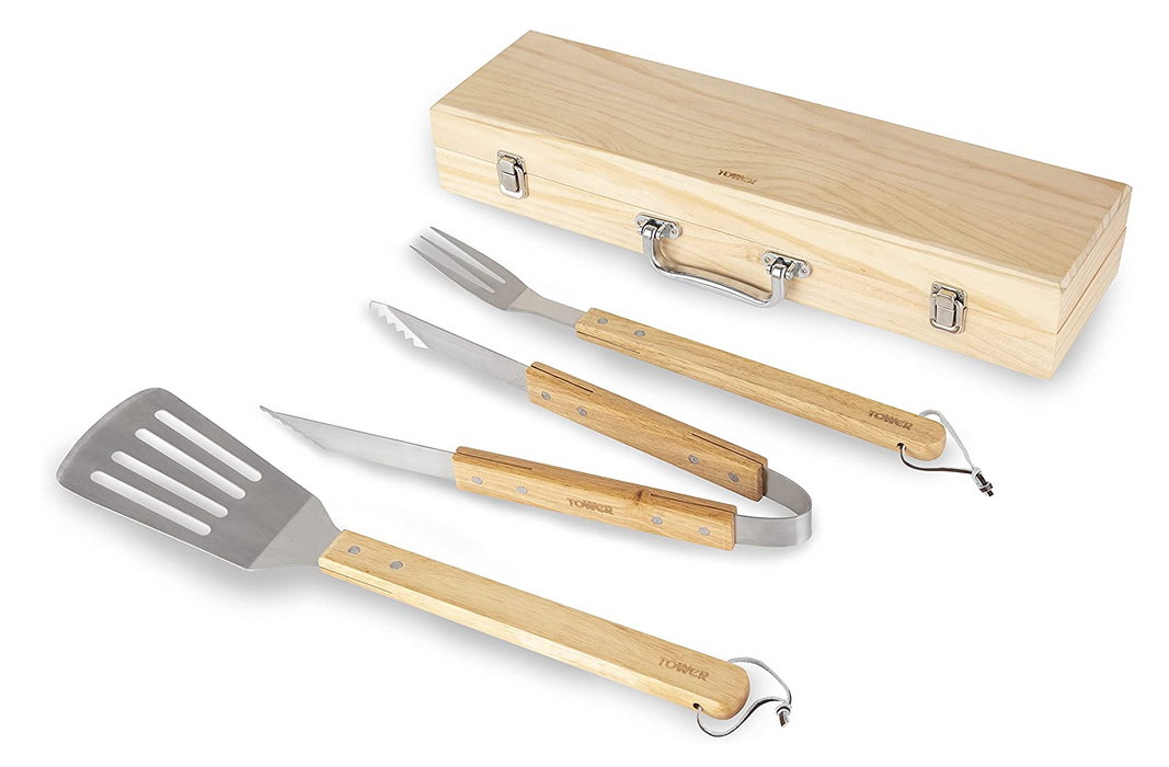 Tower T932005 4 Piece BBQ Tools Set with Storage Box, Wooden Handles, Stainless Steel