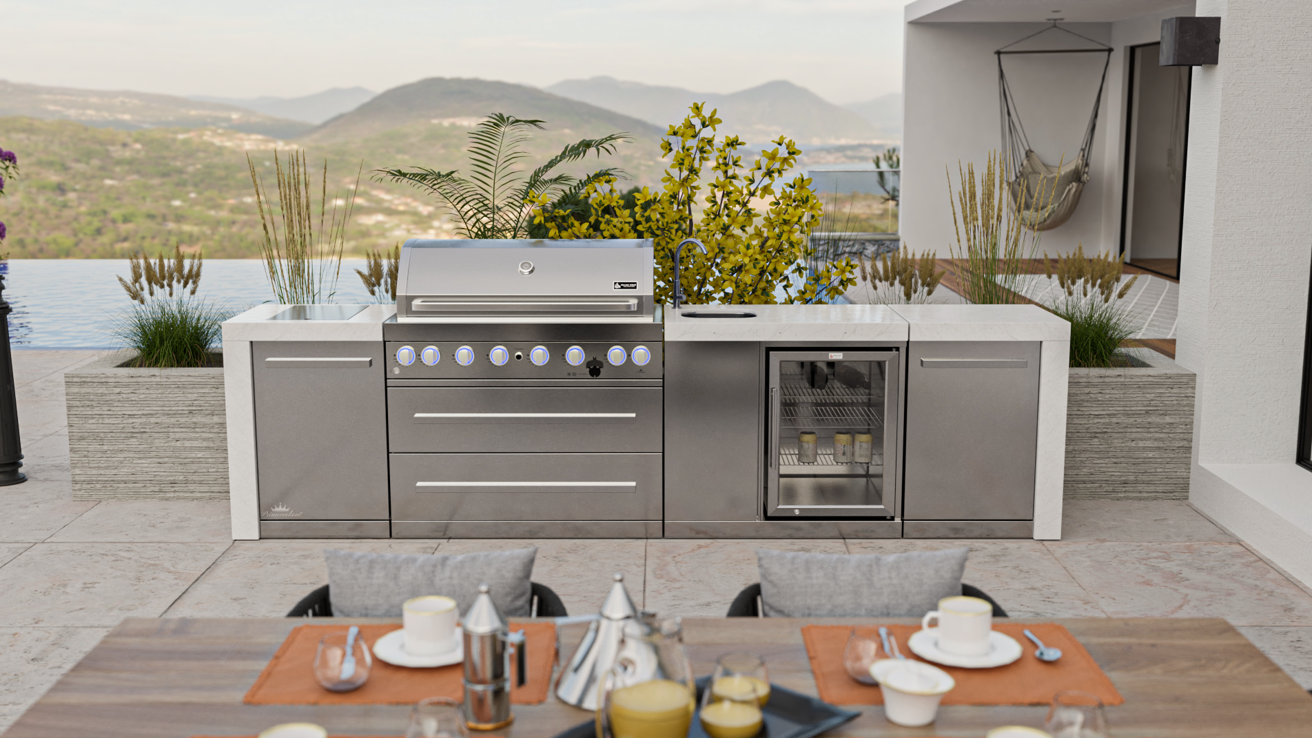 Mont Alpi Outdoor kitchen 6 Burner, Fridge, Sink and Weather Cover - 3.4m