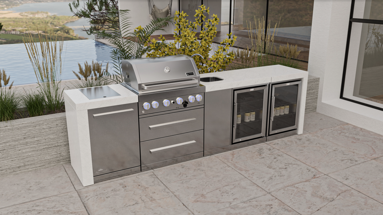 Mont Alpi Outdoor kitchen 4-burner Deluxe Island with a Beverage Center And Fridge Cabinet + Cover - 3.1M