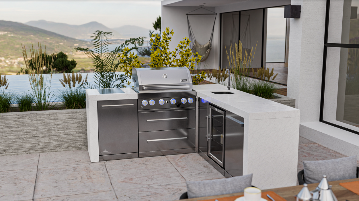 Mont Alpi Outdoor kitchen 4-burner Deluxe Island featuring a 90-degree corner and beverage Center + Cover  2.1M-2.3M