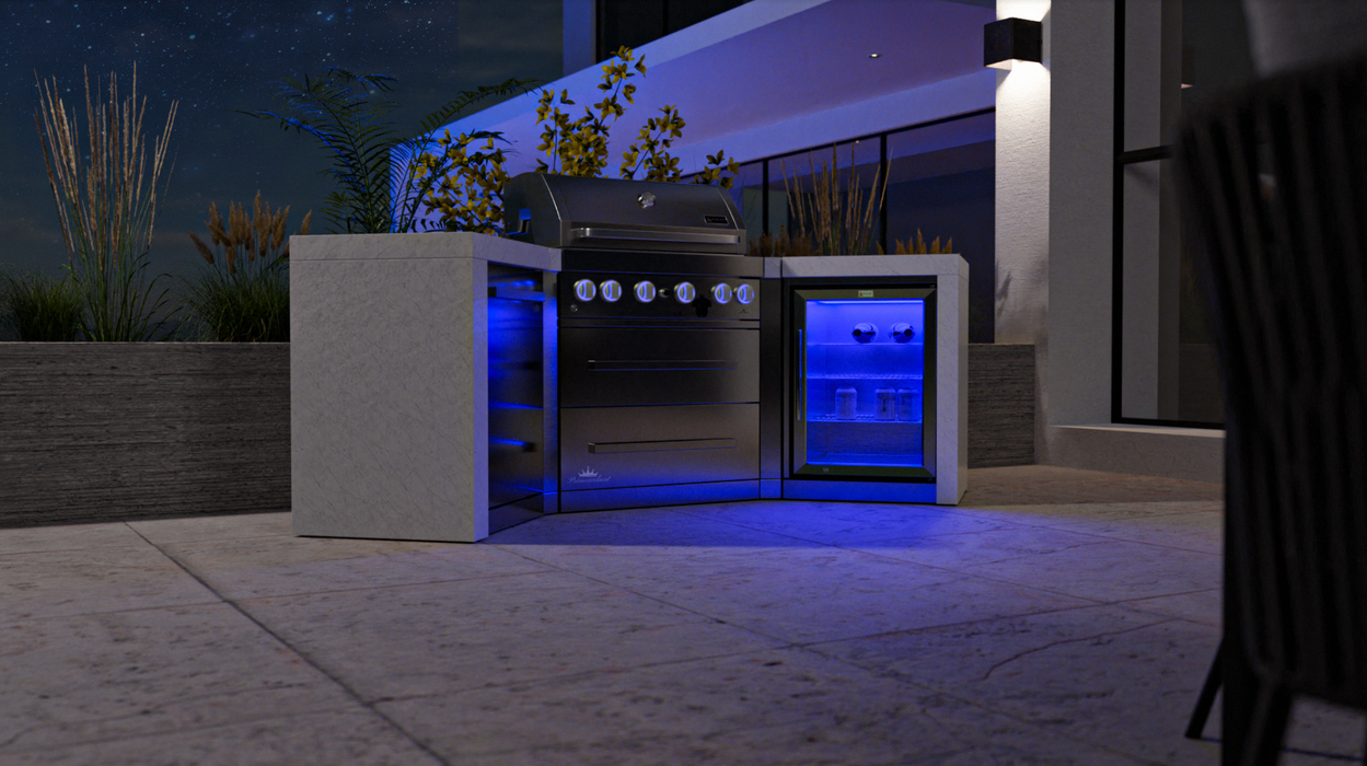 Mont Alpi Outdoor kitchen 4-burner Deluxe Island with 45-Degree Corners and a Fridge Cabinet  + Cover - 2.7M