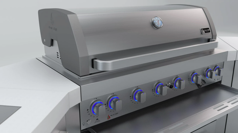 Mont Alpi L Shape Outdoor kitchen 6-burner Deluxe Island + Fridge + Weather Cover - 2.4M