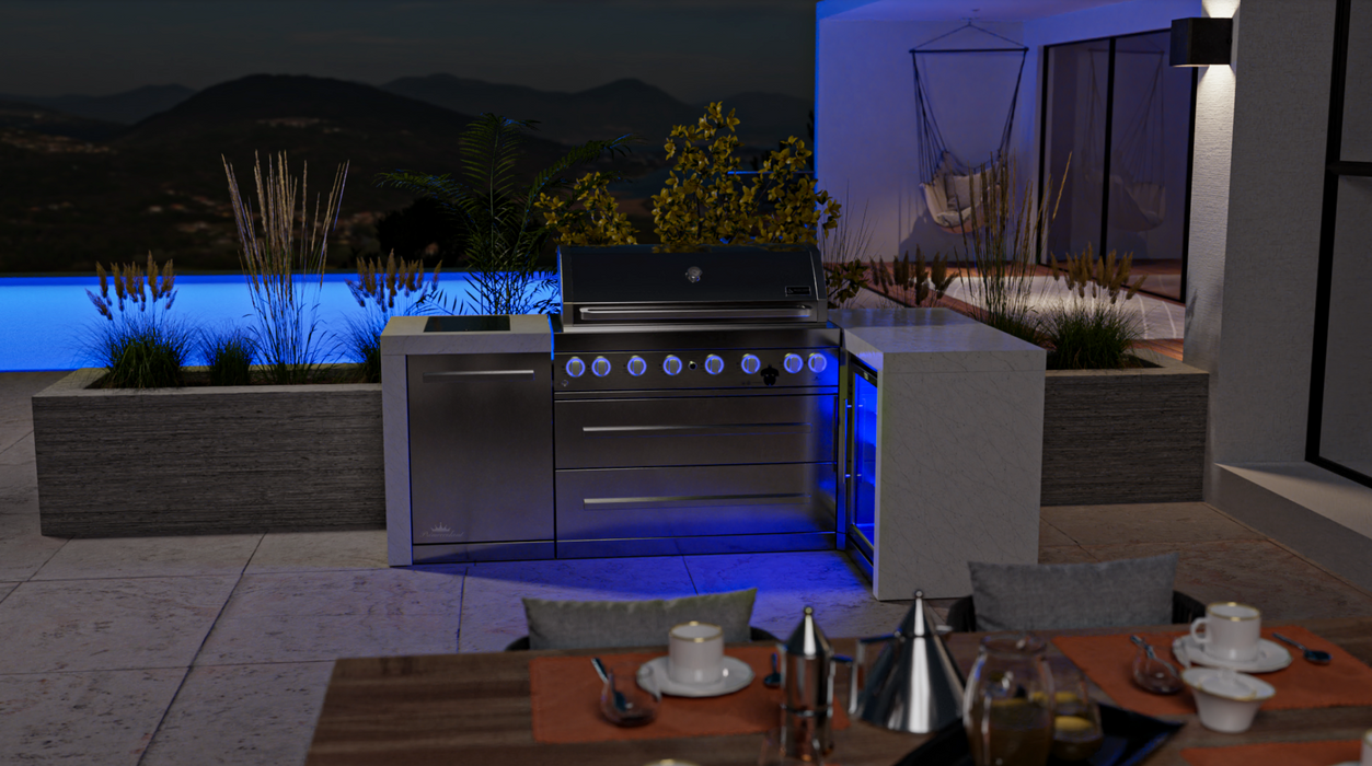 Mont Alpi Outdoor kitchen 6-burner Deluxe Island with a 90-degree corner and a fridge cabinet + Cover 2.4M