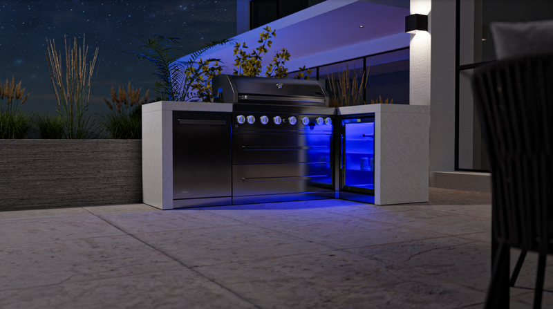 Mont Alpi L Shape Outdoor kitchen 6-burner Deluxe Island + Fridge + Weather Cover - 2.4M
