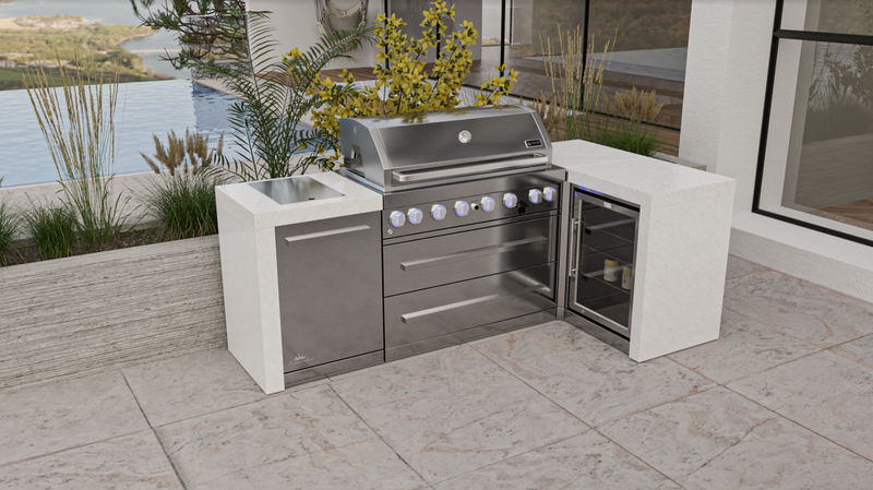 Mont Alpi L Shape Outdoor kitchen 6-burner Deluxe Island + Fridge + Weather Cover - 2.4M