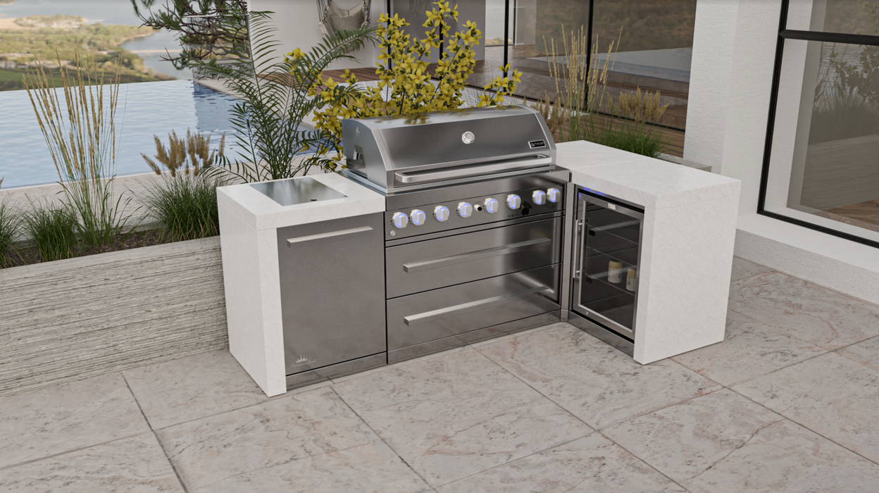 Mont Alpi 6-burner Deluxe Island with a 90-degree corner and a fridge cabinet + Cover 2.4M