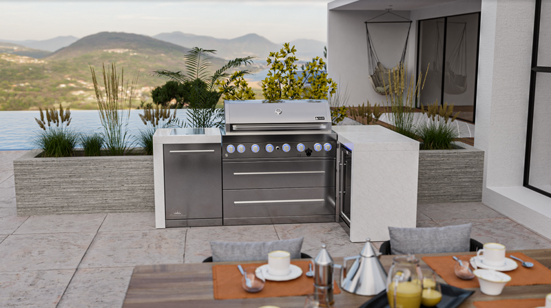 Mont Alpi L Shape Outdoor kitchen 6-burner Deluxe Island + Fridge + Weather Cover - 2.4M