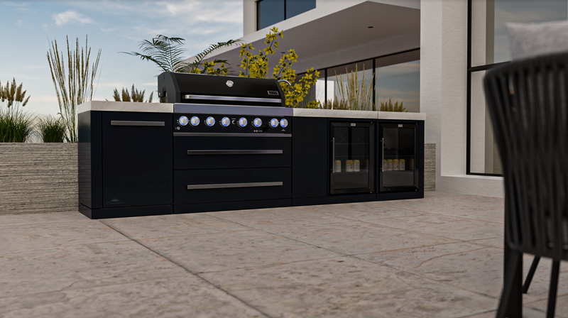 Mont Alpi Outdoor Kitchen Black, 6 Burner, Fridge, Sink and Weather Cover - 3.4m