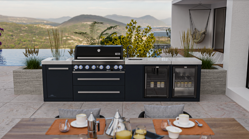 Mont Alpi Outdoor Kitchen Black, 6 Burner, Fridge, Sink and Weather Cover - 3.4m