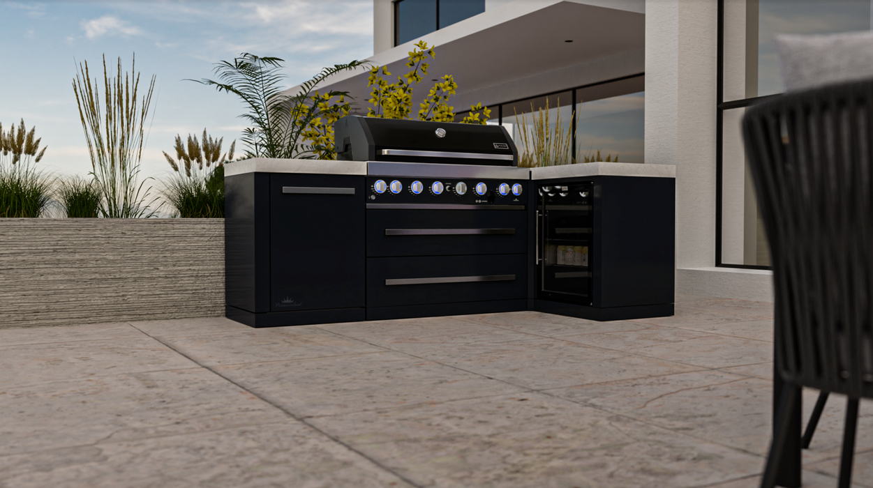 MONT ALPI 805 BLACK STAINLESS STEEL ISLAND WITH A 90-DEGREE CORNER AND A FRIDGE CABINET + COVER  2.4M