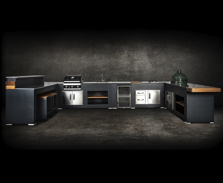 Grillandia Outdoor kitchen U shape, Big Green Egg and Entertainment Center 3m x 5m X 3m