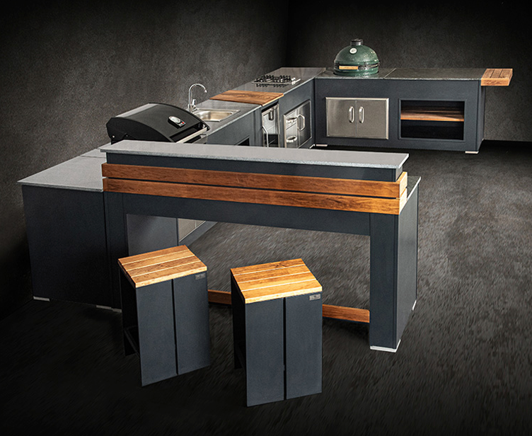 Grillandia Outdoor kitchen U shape, Big Green Egg and Entertainment Center 3m x 5m X 3m